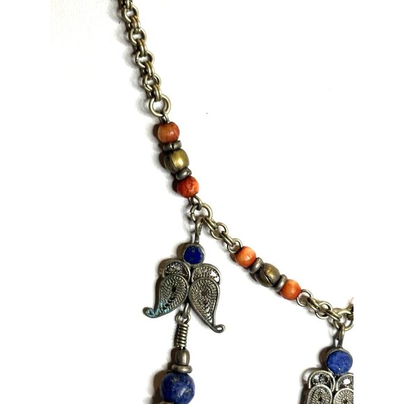 Vintage Angel Pendant Necklace With Lapis Beads & Brass Chain - Picture 10 of 16